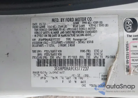2012 Ford Fusion Se z USA, uszkodzony, nr VIN 3FAHP0HA9CR377237